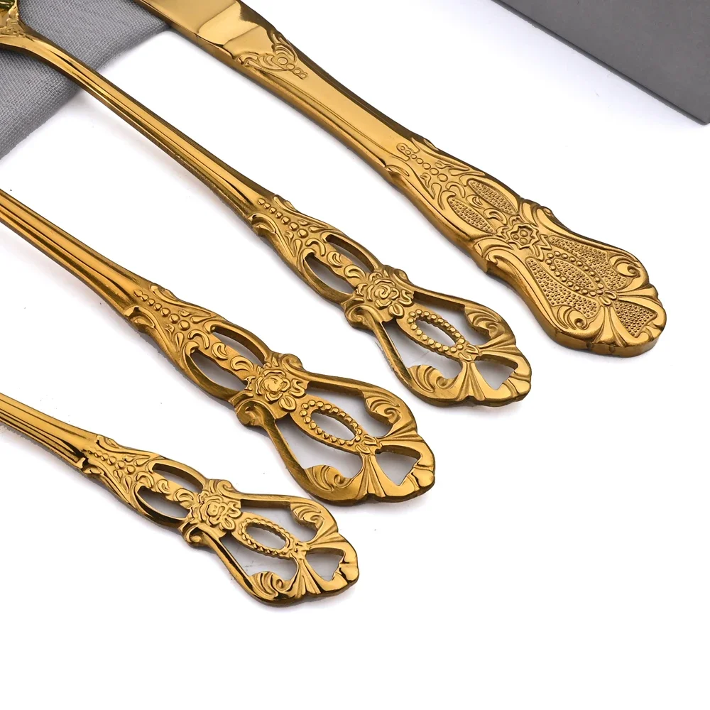 16Pcs Cutlery Set Gold Dinnerware Set Stainless Steel Tableware Vintage Knife Fork Dessert Spoon Silverware Kitchen Flatware