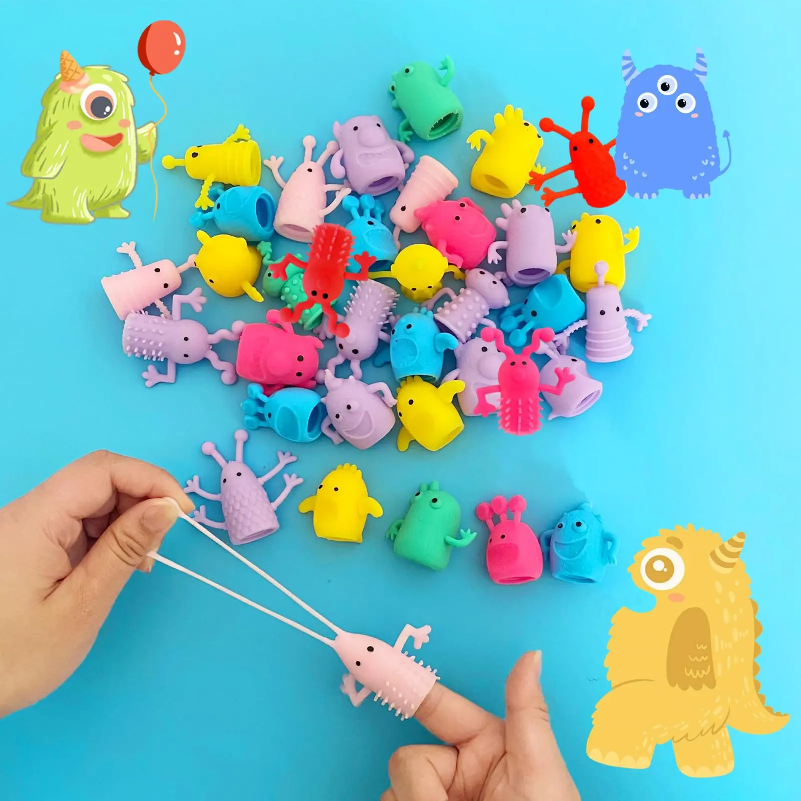 30pcs Monster Finger Puppets Toys,Cute Rubber Finger Doll Toys,Mini Rubber Stretchy Fidget Bath Toy for Party Favors