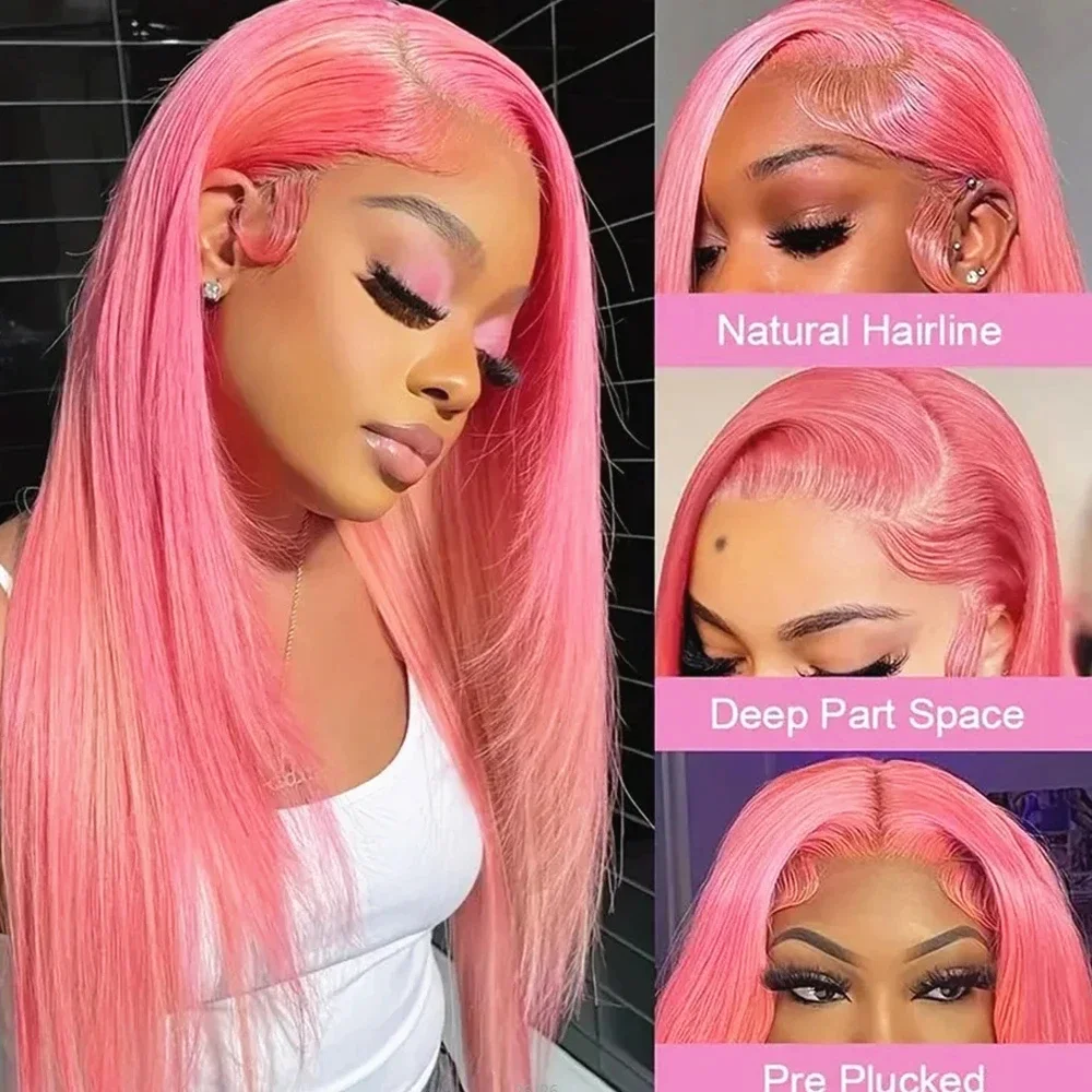 Wig Rambut Asli Manusia Warna Pink Cosplay 13x4 Lace Front Wig Brasil Tanpa Lem Panjang Lurus Untuk Wanita Pre Plucked Wear And Go