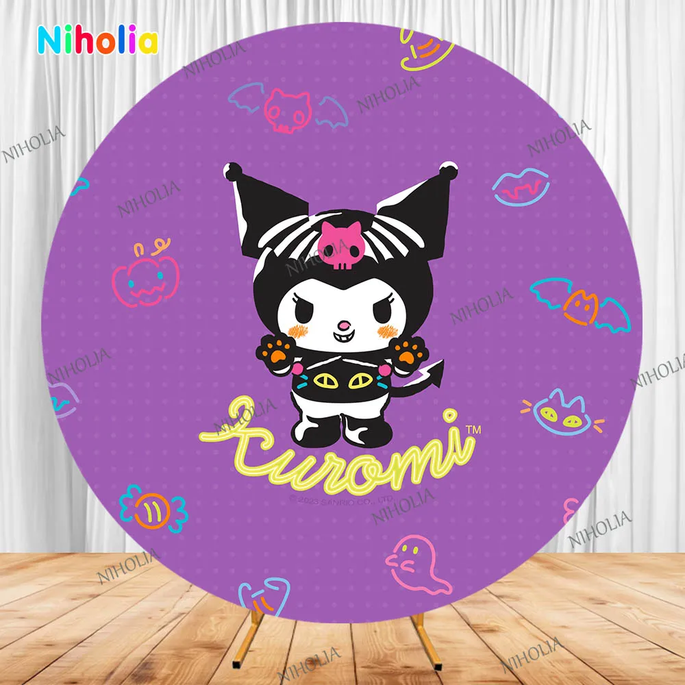 غطاء خلفية مستدير من Kuromi Hello Kitty Kids حفلة عيد ميلاد خلفية استحمام الطفل استوديو الدعامة الديكور التصوير الفوتوغرافي