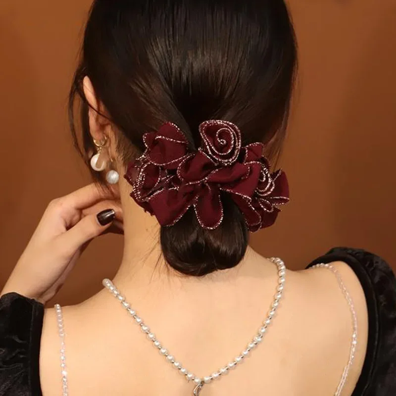 Phnom penh hochela tische Haar bänder 3 Blumen Französisch klassische Doppels chicht Haar bänder große Haar gummis für Frauen accesorios mujer