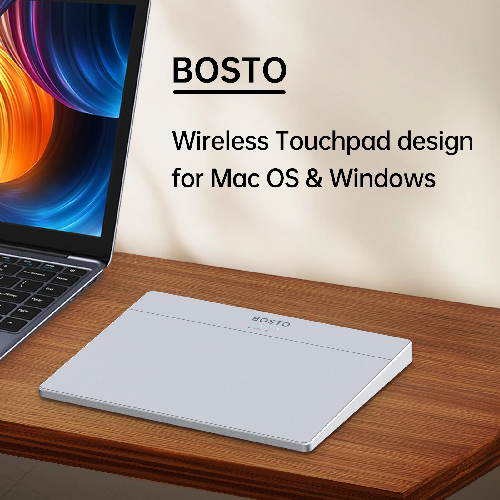 BOSTO T02 Touchpad com fio e sem fio 2.4G e BT e USB Vidro temperado ultrafino compatível com sistema Mac / Windows 10/11