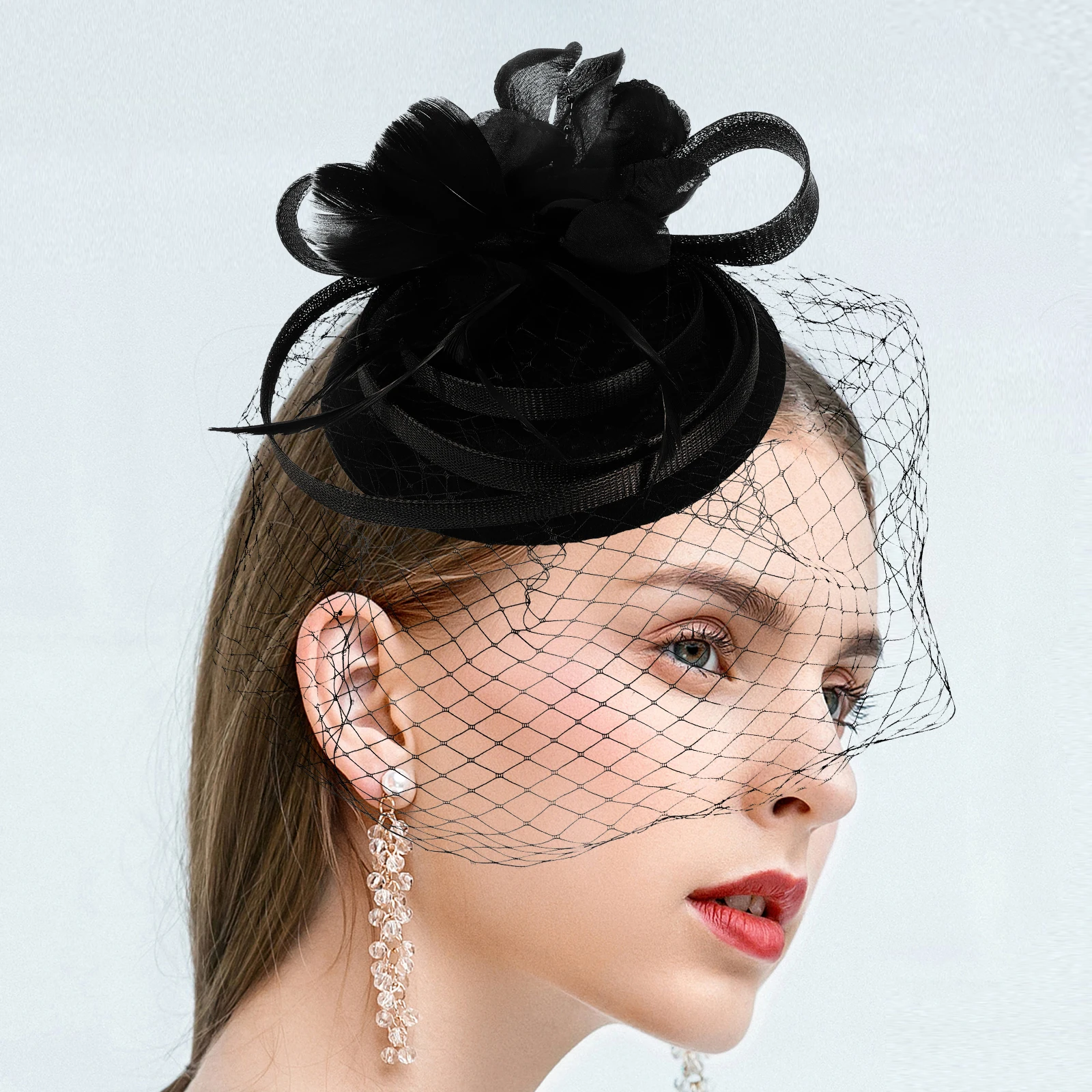 

Elegant Fascinator Headb Women Bridal Hair Accessories Black Fabric Headdress Tea Party Wedding Hairstyle Decorations Retro