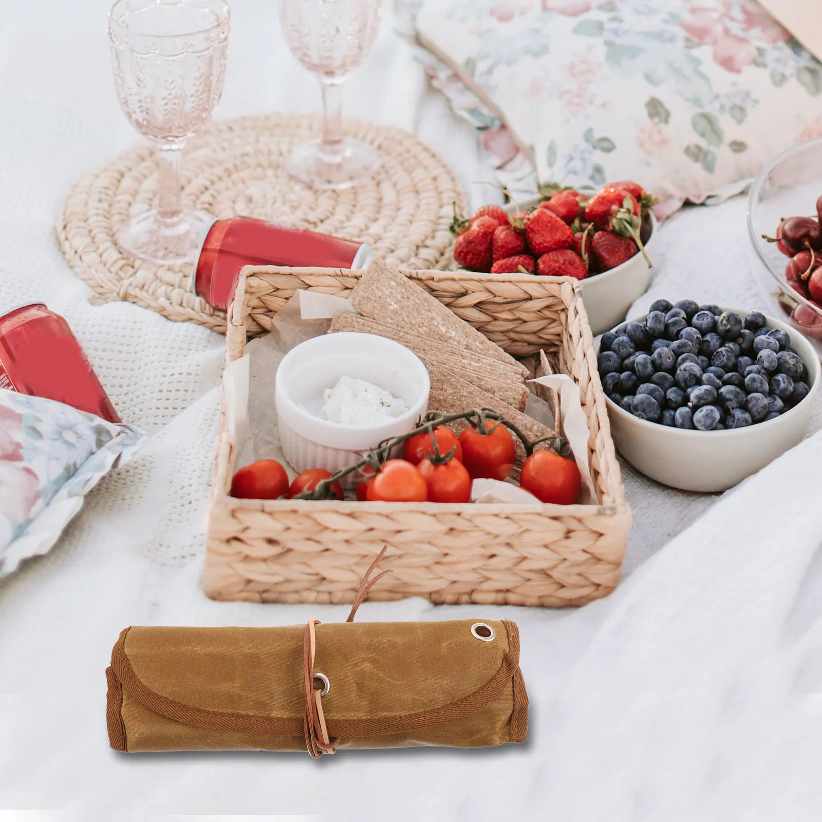

1 Set Camping Cutlery Set Canvas Picnic Utensils Storage Bag Foldable Portable Tableware Pouch For Outdoor Bbq Hiking Beach