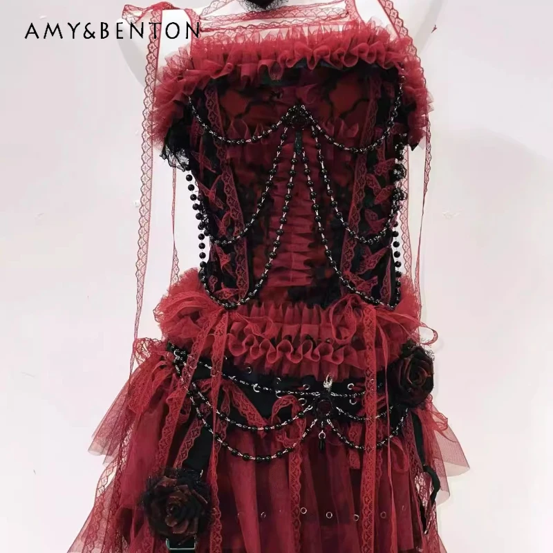 

European American Dark Goth Beaded Black Red Irregular Women's Dress Original Lace Splicing Hot Girl Sexy Sling Dresses Ladies