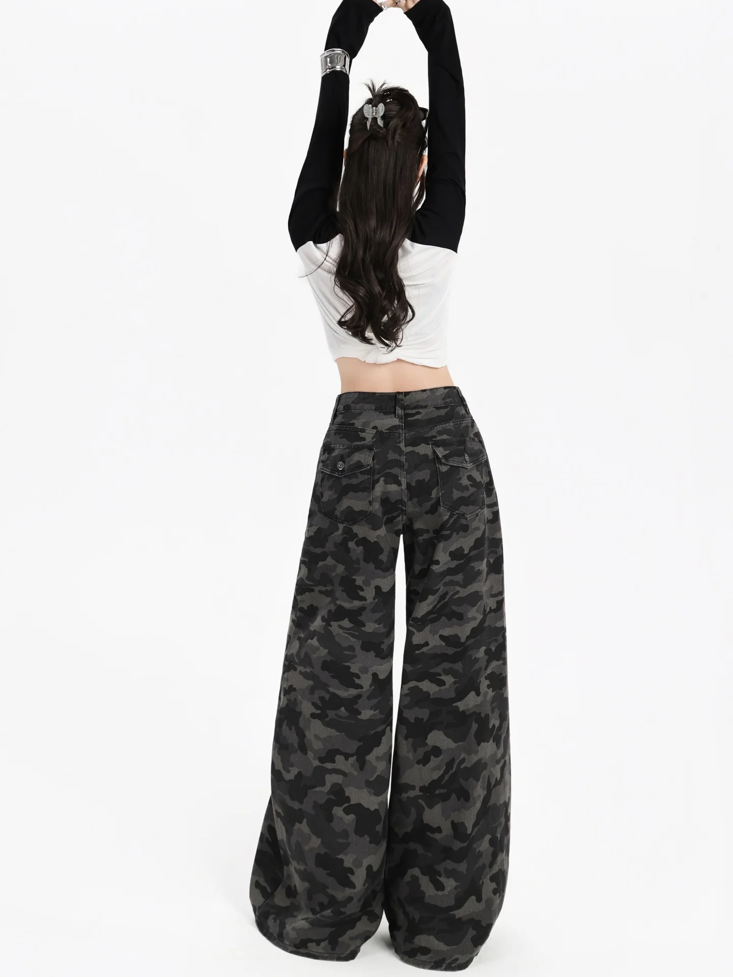 Damskie jeansy z wysokim stanem, szerokimi nogawkami, w stylu amerykańskim retro, z kamuflażem, luźne, proste spodnie robocze, nowość na jesień 2025.