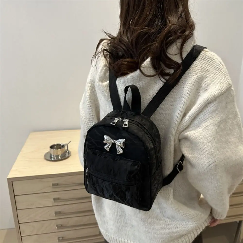 Cute Small Pack PU Bow Backpack Zipper Korean Style Solid Color Shoulder Bag Handbag Retro Crossbody Bag Girls