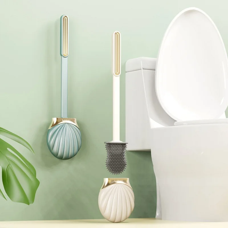 Long Handle Silicone Flat Toilet Brush with Shell Shape Holder Dead Corner Cleaning Punchless Bathroom Accesories Sets Tools