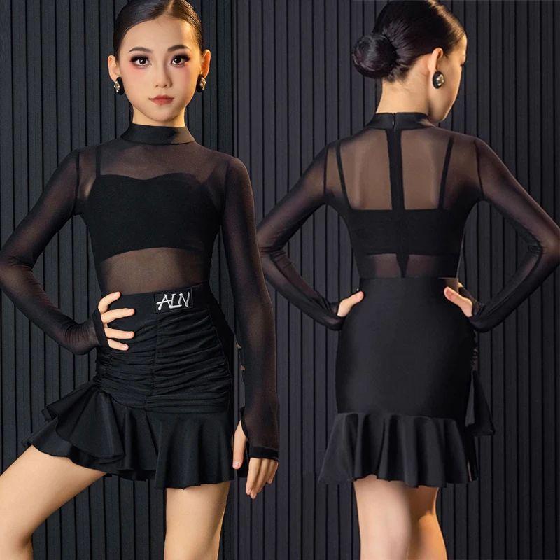 

Черный костюм для латиноамериканских танцев, детский комплект для тренировок, осенне-зимний новый профессиональный костюм для танцев, юбка для танцев, длинная...