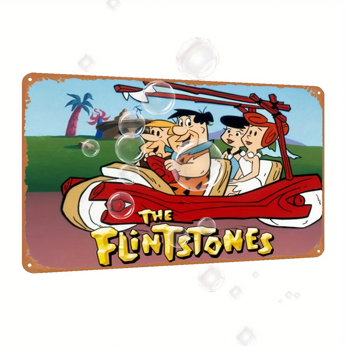 Vintage  Tin Sign - Colorful Iron Wall Art Featuring Fred, Wilma, Barney,Betty in a Red Car, for Home, Garden,