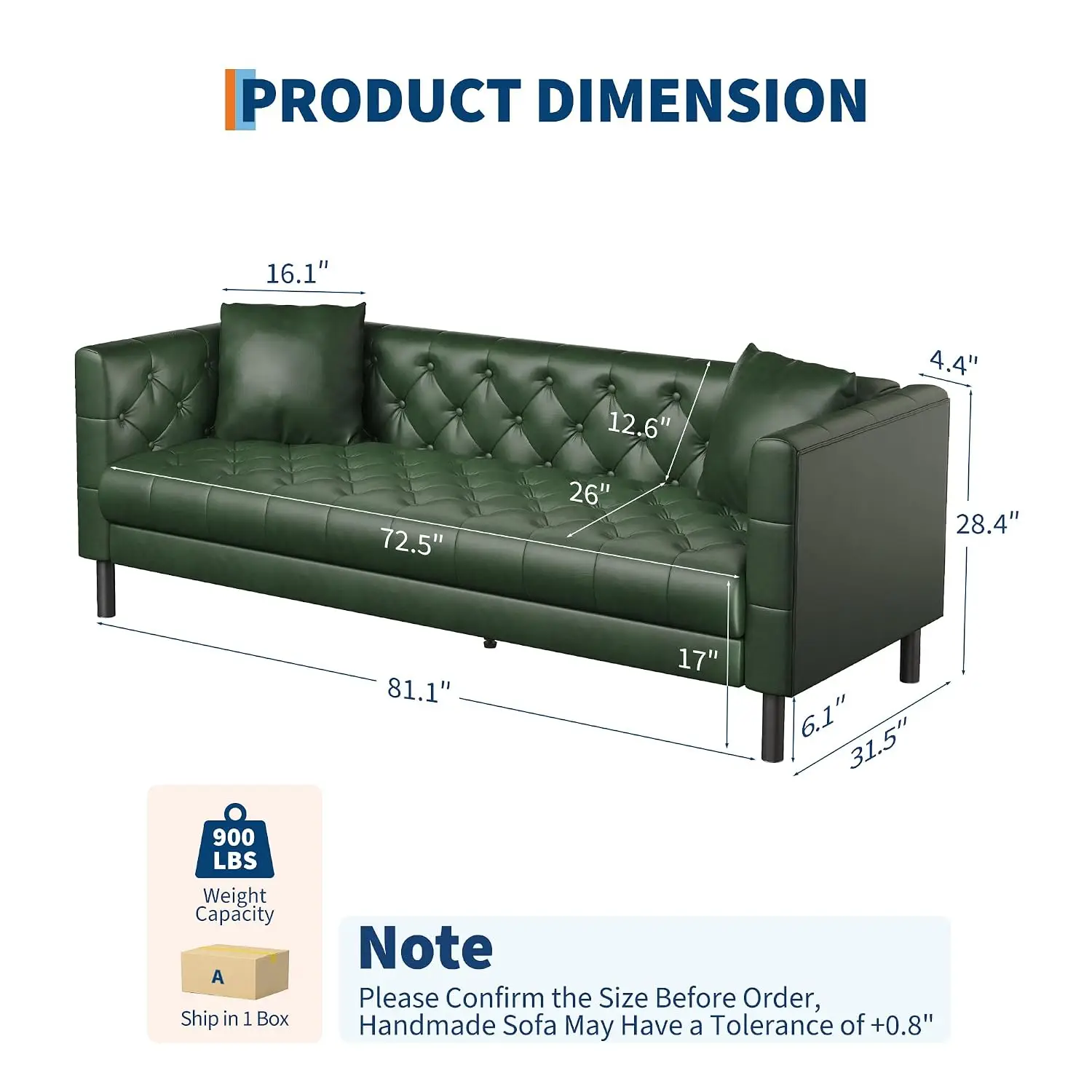 Leather Chesterfield Sofa, Button Tufted 3 Seater with Deep Seat & 2 Pillows for Living Room Office Apartment, Green, Customized