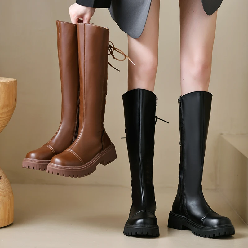 Platform High Boots for Women Autumn Winter 2024 Plush Long Boot Soft Leather Knight Boot Brown Knee Boot Women Shoe