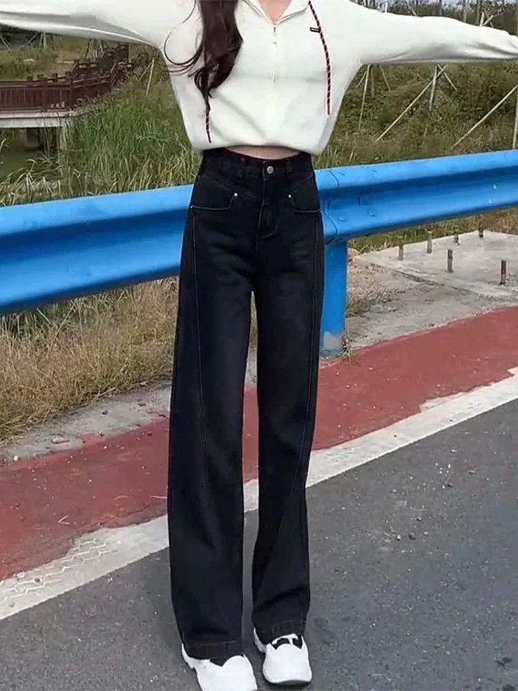 하이웨이스트 안감 슬림핏 스트레이트 레그 청바지 여성용 겨울 신상 슬레 플러스 사이즈 와이드 레그 팬츠 트렌디 블랙 데님