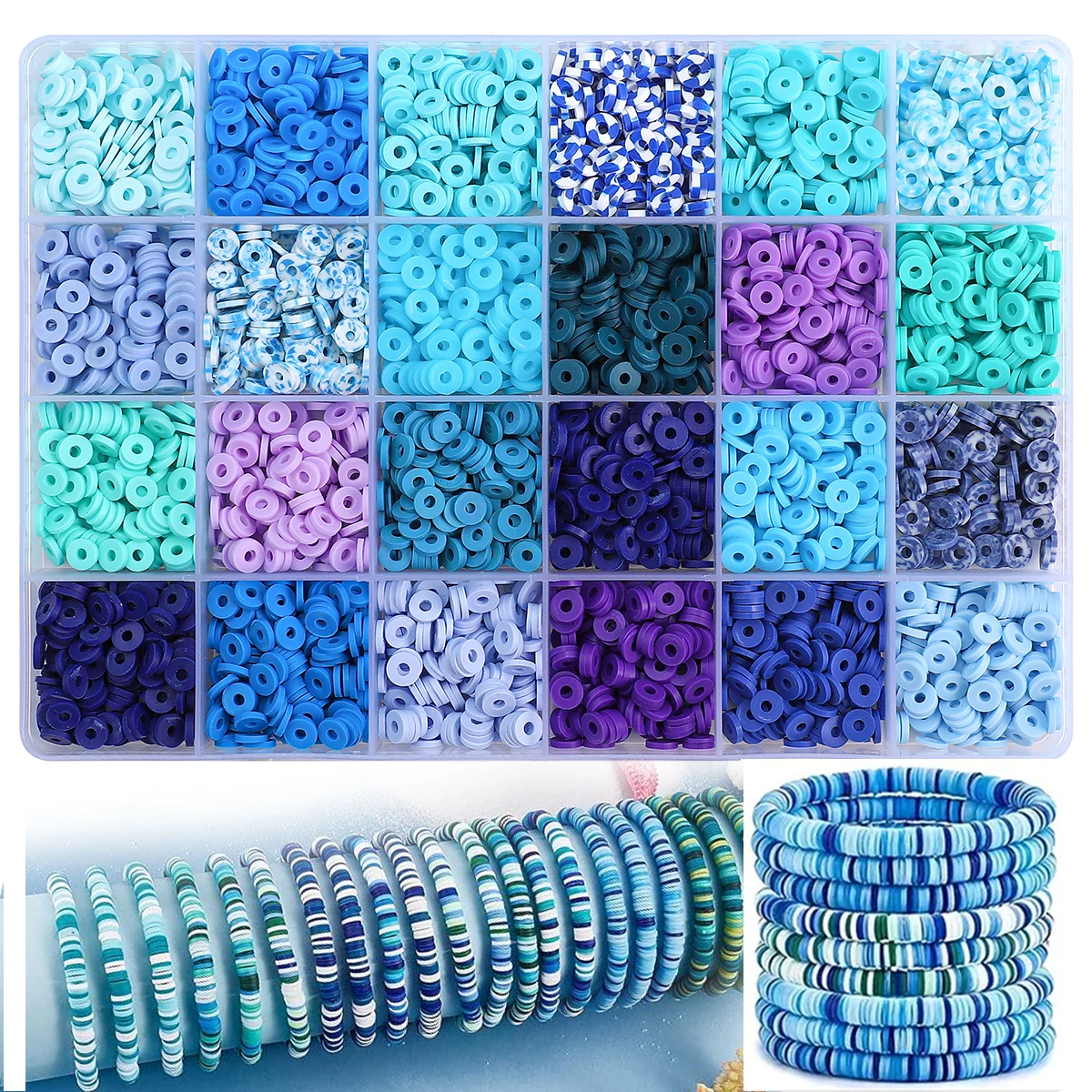 

A Box of 3720pcs Blue Clay Beads for Bracelet Making Kit, 24 Colors Flat Round Polymer Clay Beads for Jewelry Necklace Making