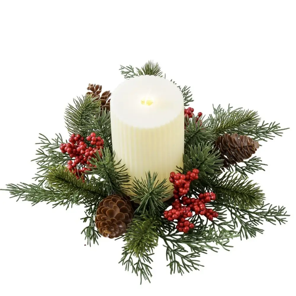 Artificial Flower Candle Wreath 25CM Red Fruit Candle Rings Pine Needle Romantic Candlestick Wreath Christmas Decor