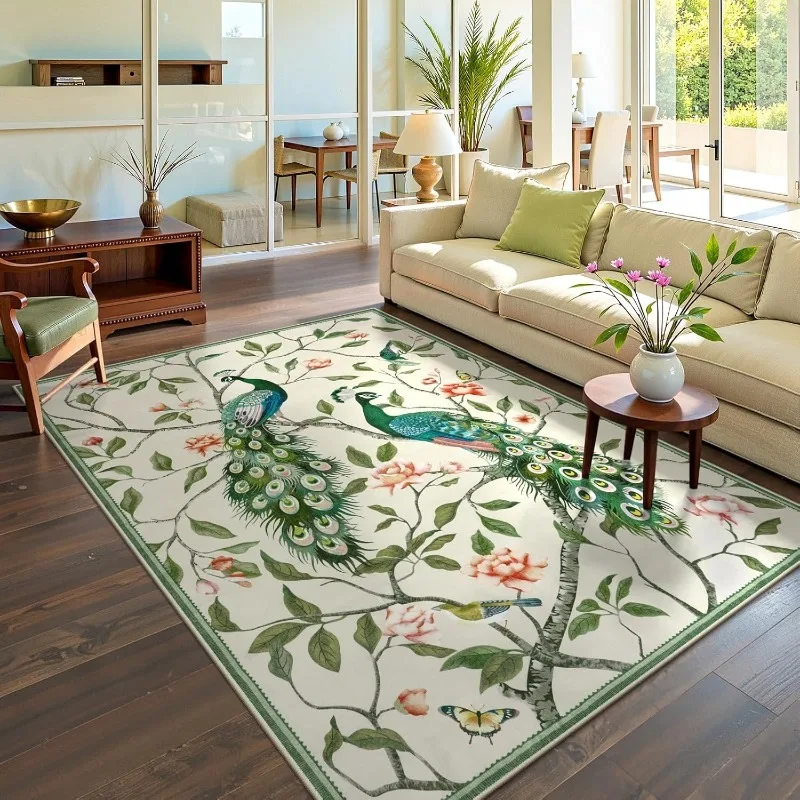 

Modern Art Living Room Carpet Floral Bird Peacock Motif Machine Washable Non-slip Bedroom Rug Creative Cloakroom Plush Mat Tapis
