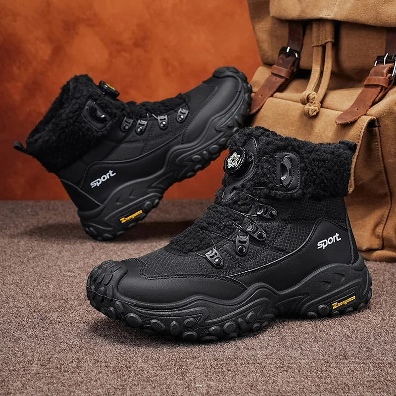 Botas de nieve de invierno para hombre, talla grande, con cordones ajustables, cuello de forro polar sintético, botines cálidos, suela gruesa, calzado táctico para actividades al aire libre.