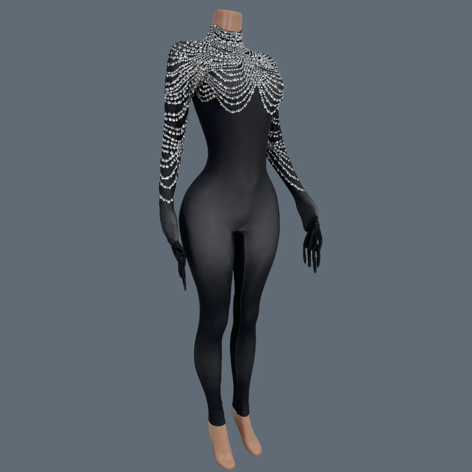 Sparkly Crystals Black Jumpsuit Women Long Sleeve Spandex Nightclub Outfit Singer Dance Performance Costume Stage Wear Pijian