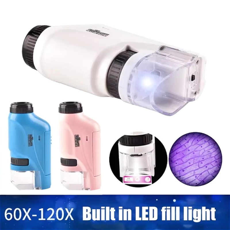 

Pocket Microscope Educational Kids Science Toy Kit Battery Powered 60X-120X Mini Handheld Microscope with LED Light for children