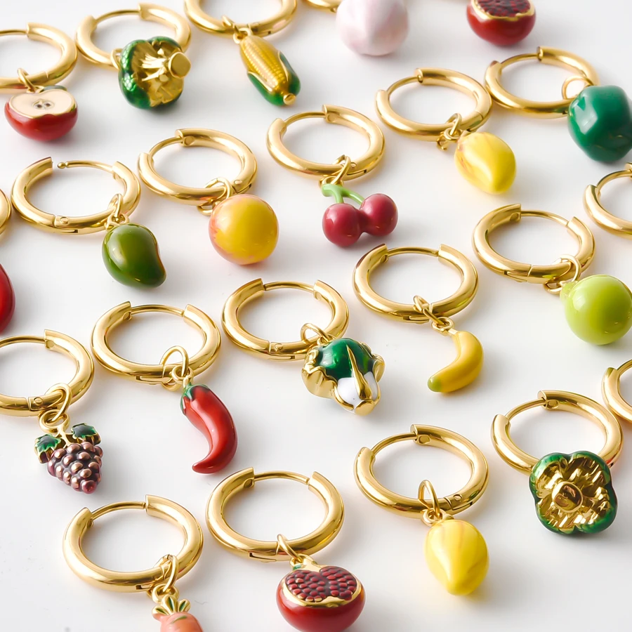 1Pair Cute Enamel Fruit Vegetable Hoop Earrings Gold Stainless Steel Cherry Banana Grape Chili Corn Dangle Huggie Ear Jewelry