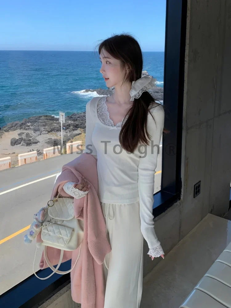 Pink Sexy V-neck Lace Stitching Bow T-shirt Women Autumn Winter Sweet Long Sleeve Slim Tops Korea Chic Design Casual Blouse 2025