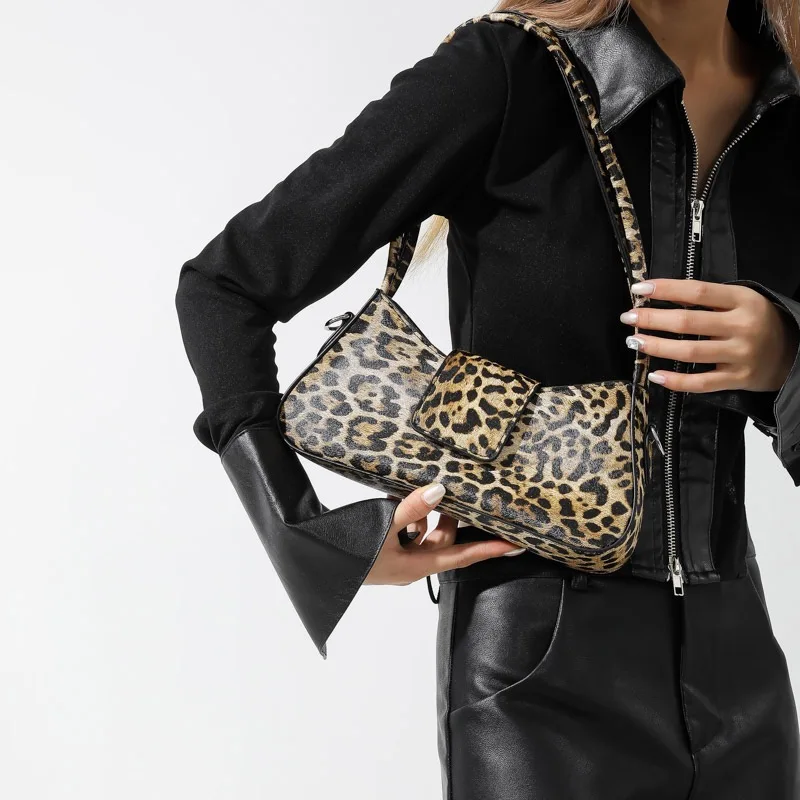 Knock Trendy Vintage PU Leather Crossbody Bags Versatile French Style Underarm Bag for Women Brown Black Leopard Handbag