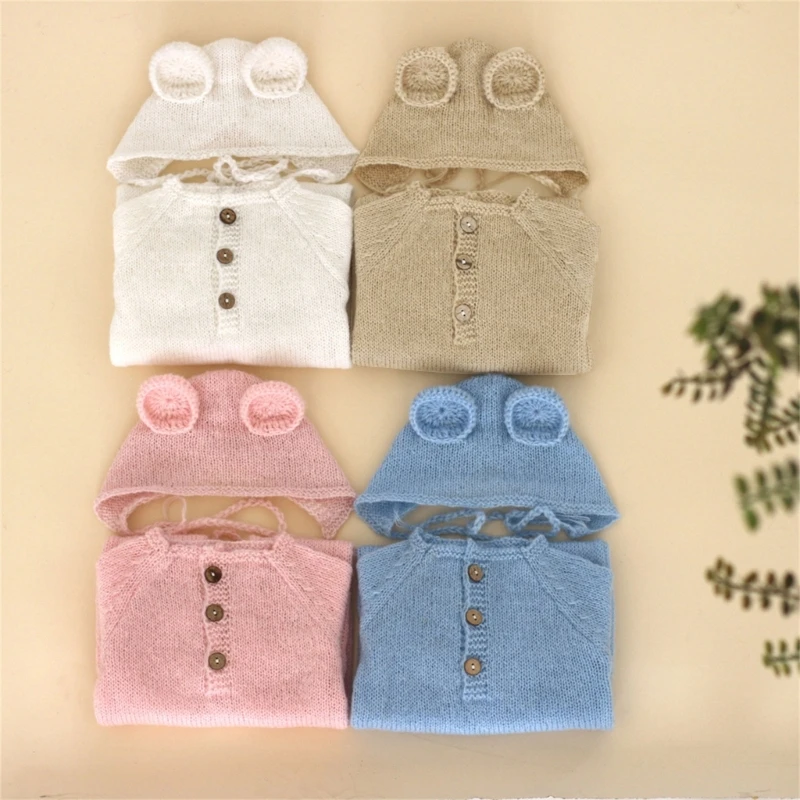 Solid Colour Mohair Bear Baby Romper+Hat for Newborn Photography Props Clothes Accessories Soft Knitted Baby Boy Girl Jumpsuit