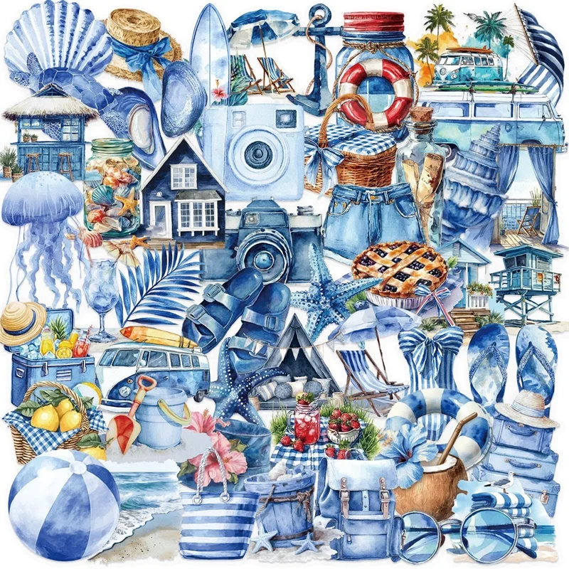 

50PCS Cartoon Blue Beach PET Sticky Sticker Aesthetic Stationery DIY Decoration Scrapbooking School Supplies for Kids