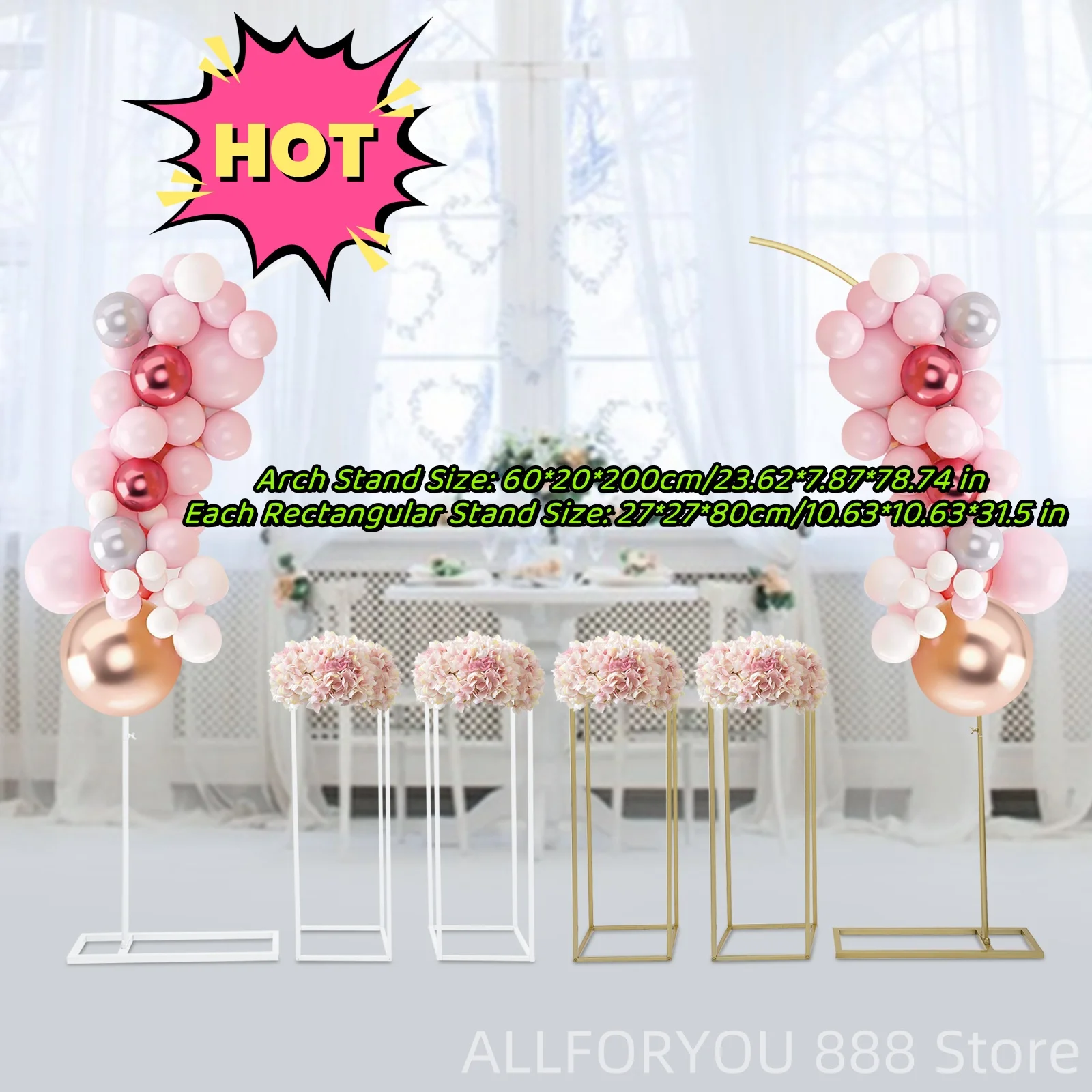 Arch Stand Backdrop Stand for Parties Wedding Flower Stand+2*Flower Stand Each Load-bearing Capacity 22.05 lbs White/Golden