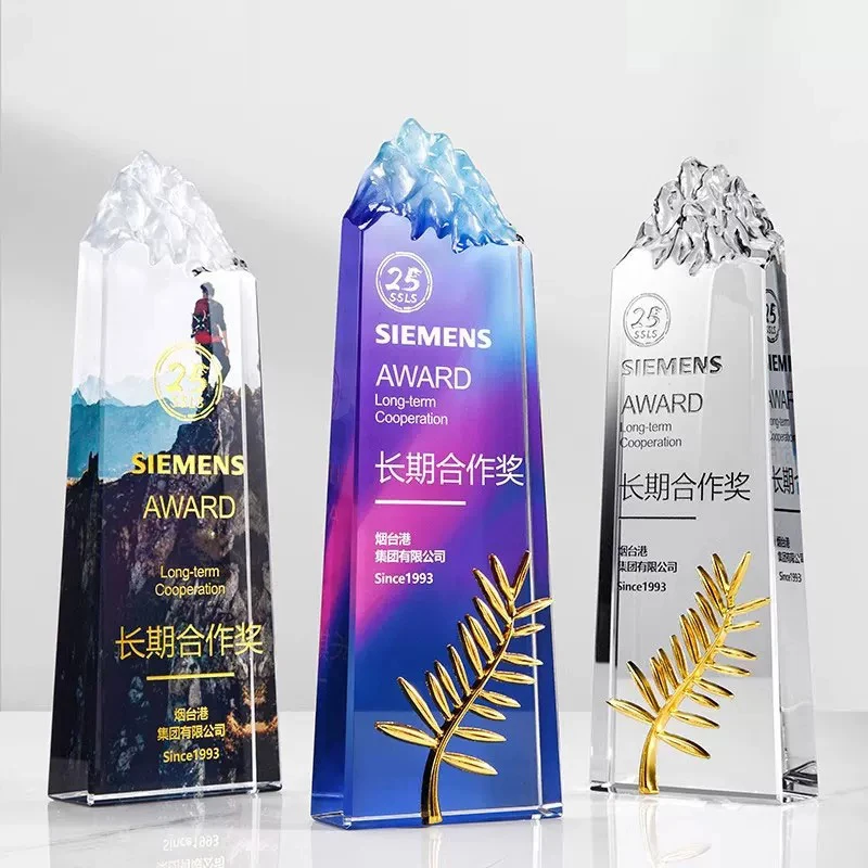 Customized Mountain Peak Crystal Trophy, High end, Free Engraving Color Printing, Company Annual Meeting Excellent Awards, 1Pc