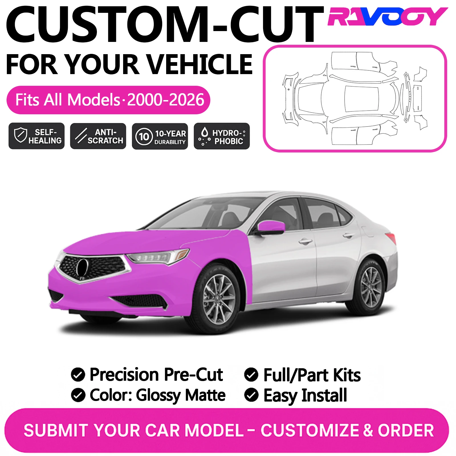 

For Acura TLX DCT P Was 2016 2017 2018 2019 2020 2021 2022 2023 2024 Custom Precut PPF Paint Protection Film Kit - Clear Matte