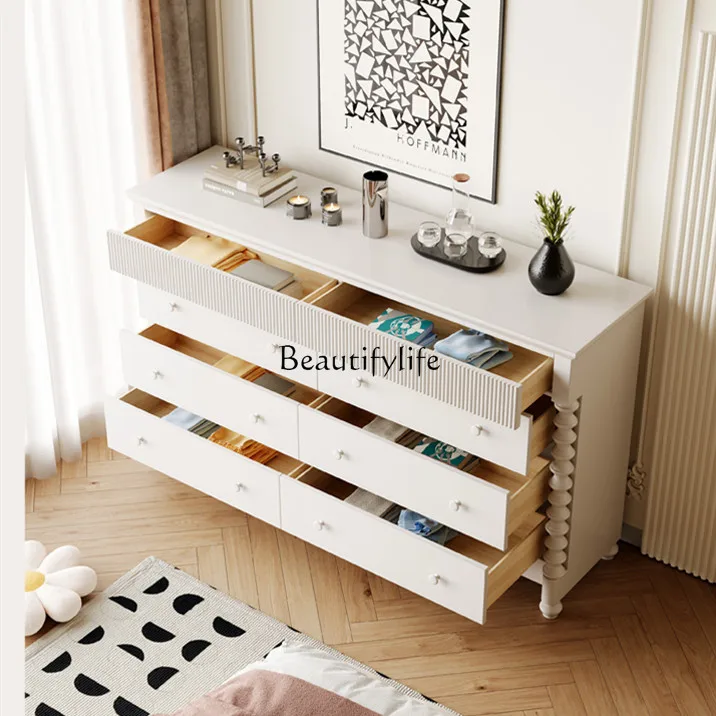 Simple Modern White Cream Style Hallway Locker Solid Wood Eight Buckets Sideboard Cabinet Storage