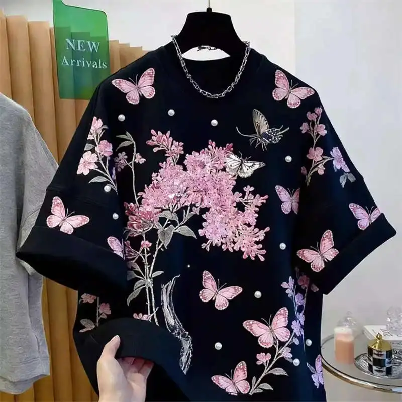 2026 New Fashion Versatile Nail Bead Short Sleeve T-shirt Women's T-shirts Top High End  Beautiful Spring Autumn Summer Clothing