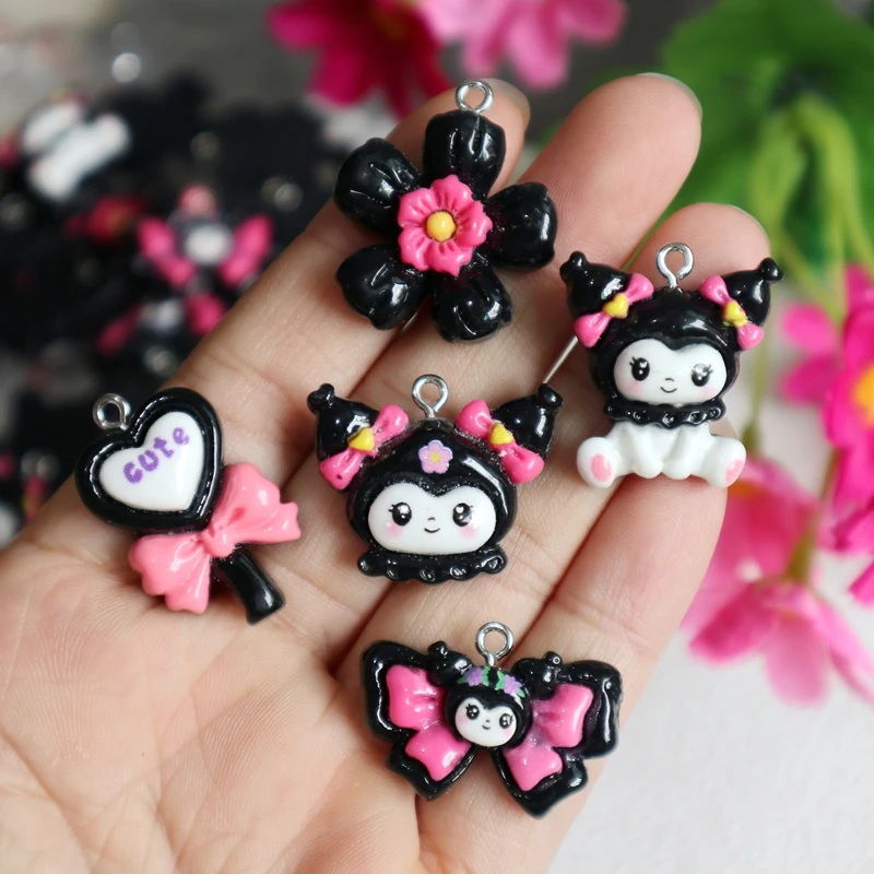 10pcs Kawaii Kuromi Resin Nailing Pendant Cute Bow Flower Shiny Anime Charms DIY Bracelet Earring Keychain Decoration Accessory