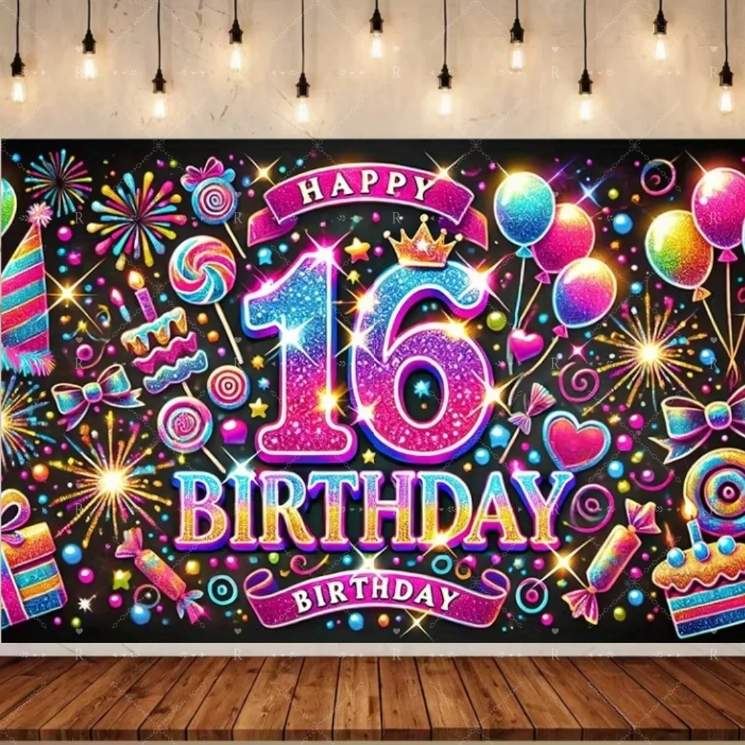 Hintergrund zum 16. Geburtstag, rosa Glitzer-Ballon-Hintergrund, Mädchen, Jungen, Geburtstagsparty-Dekoration, Banner, Porträt, Foto-Requisiten – Detail 1