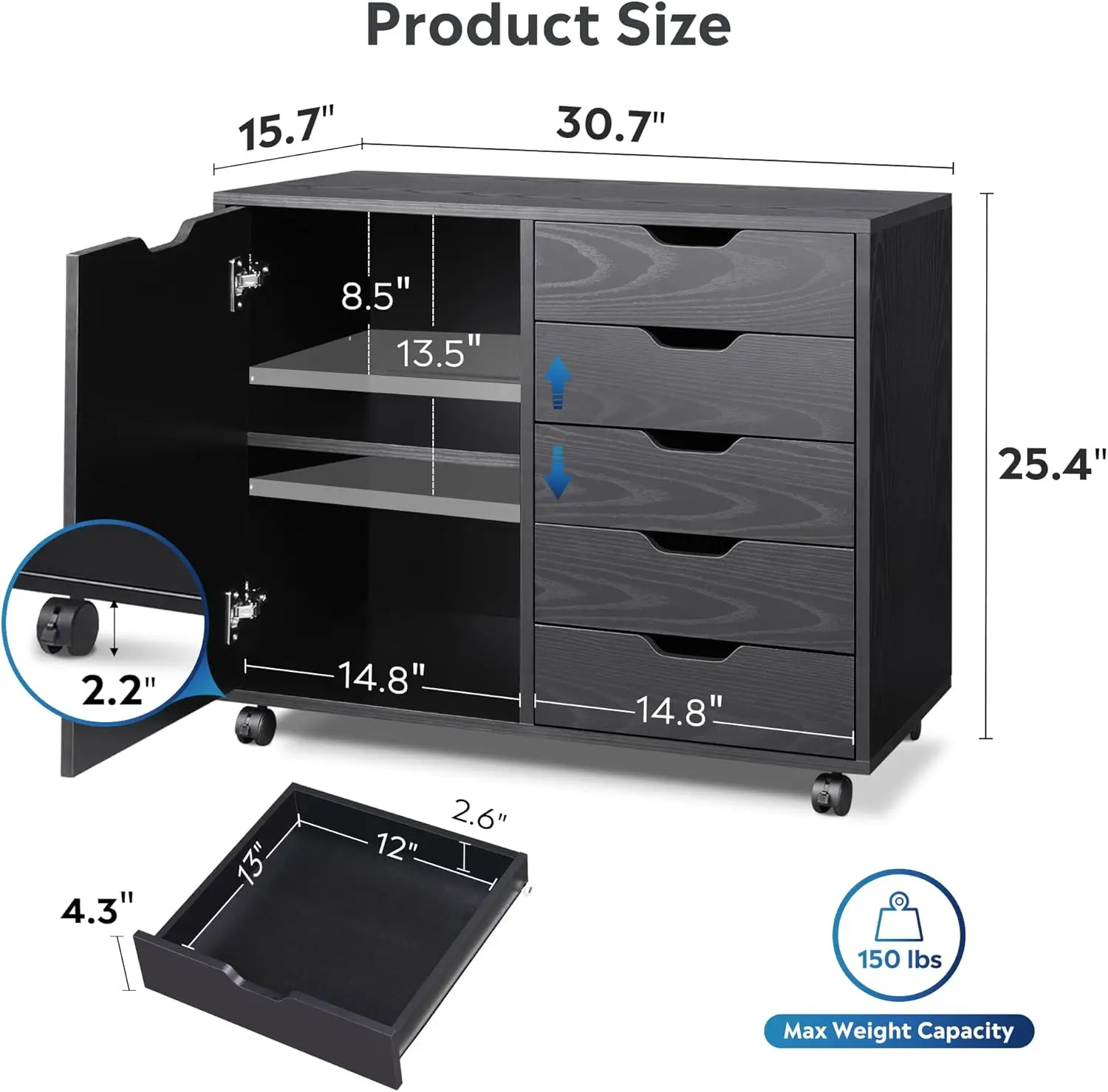 DEVAISE ตู้ลิ้นชักไม้ 5 ลิ้นชักมีประตู, ตู้เก็บของเคลื่อนที่, ขาตั้งเครื่องพิมพ์สําหรับโฮมออฟฟิศ, สีดํา