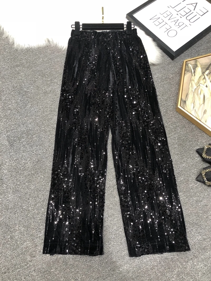 Sweet Pink Velvet Sequins Straight-Leg Trousers Women 2024 Autumn New Glossy Casual Mop Wide Leg Pants Korean Fashion Y2k Pants