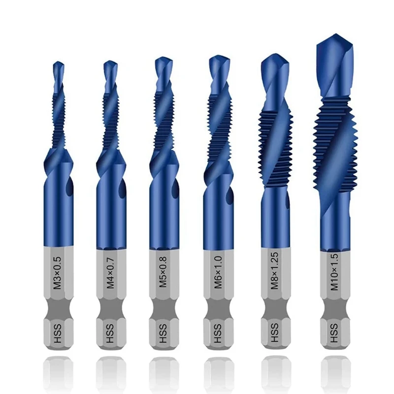 6Pcs High Speed Steel 4341 Titanium Plated Composite Tap Drill And Tap Integrated Machine Tap M3 M4 M5 M6 M8 M10