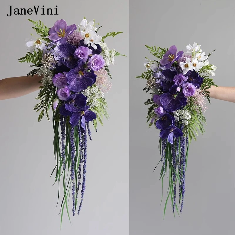 JaneVini Luxury Purple Waterfall Bridal Bouquets Wedding Flowers Artificial Silk Roses Butterfly Orchid Cascading Bride Bouquet