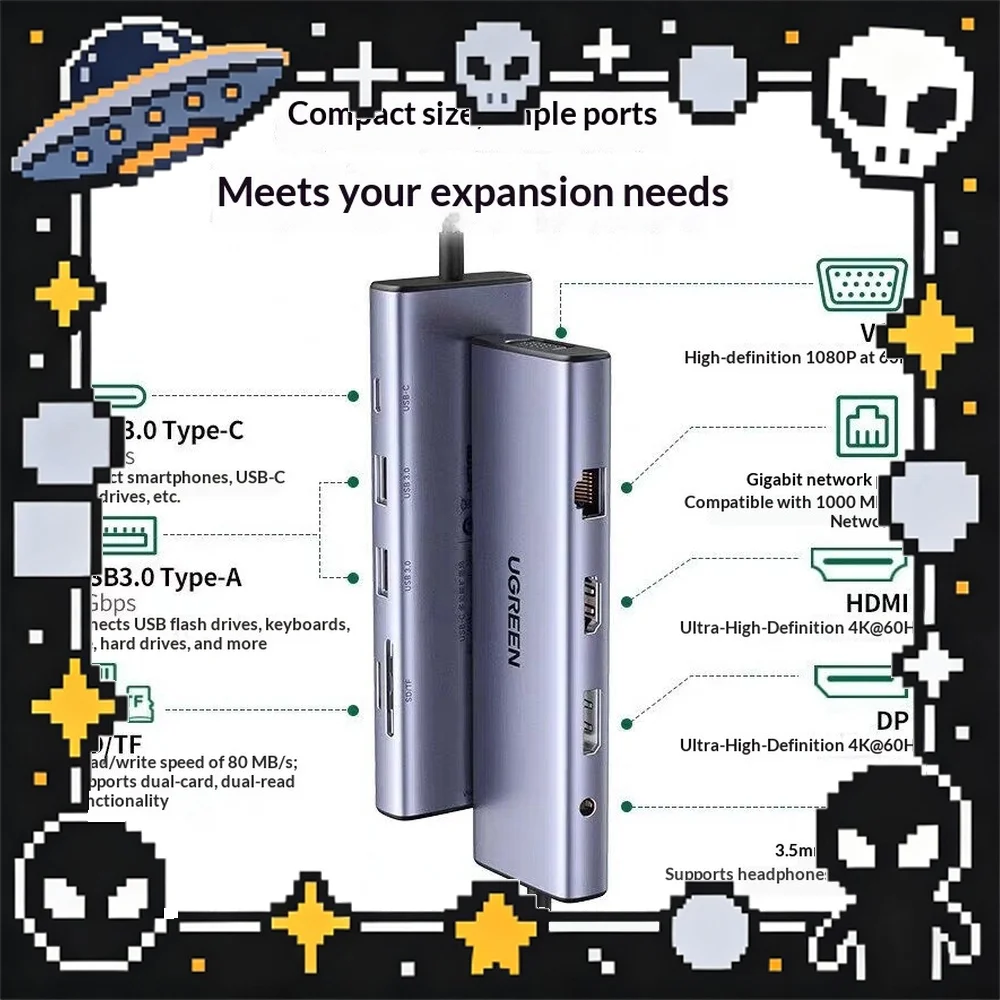 UGREEN 90887 USB-C Hub 10-in-1 HDMI DP VGA Gigabit Ethernet USB 3.0 SD TF 3.5mm Audio Multiport Adapter for Laptop
