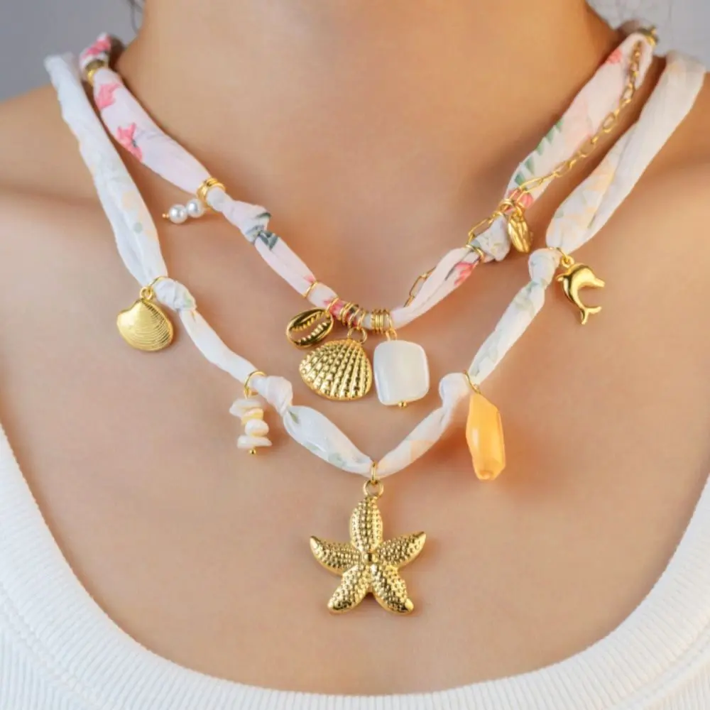 

Personality Flower Scarf Chain Necklace Ethnic Style Marine Organism Charms Nylon Rope Choker Beads Jewelry Accessories