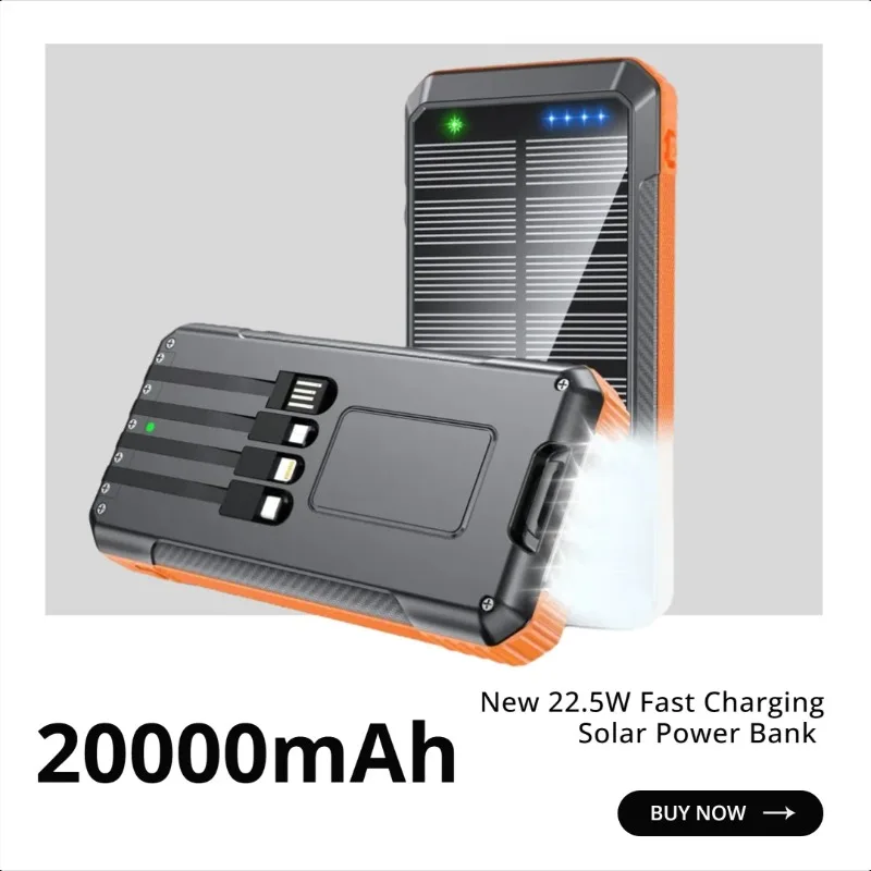 New 22.5W Fast Charging Solar Power Bank 20000mAh with 4 Built-in Fast Charging Cables