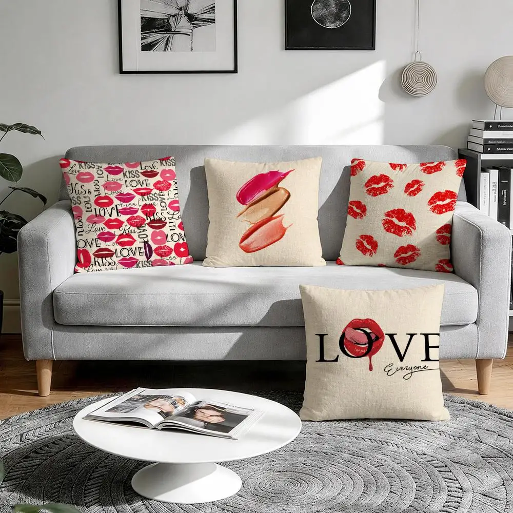 Chic Lip & Nail Makeup Cushion Cover Natural Breathable Durable Linen Printed Decor Pillow Case Sofa Bedroom