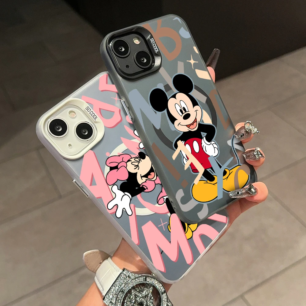 

Cute Disney Mickey Minnie Magsafe Magnetic Phone Case for IPhone 11 12 13 14 15 16 Pro Max Plus Lens Border Silver Plated Cover