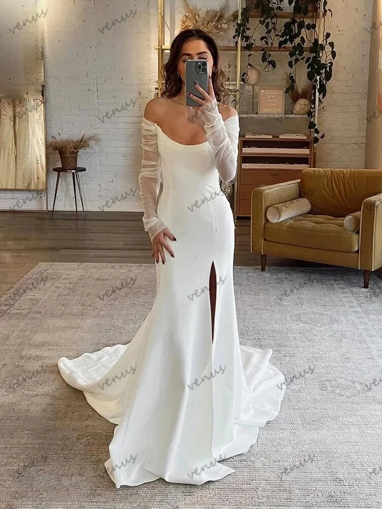 Simple Wedding Dresses Satin Bridal Gowns O-Neck Off The Shoulder Sheath Mermaid Sweep Train Glamorous Vestidos De Novia 2024