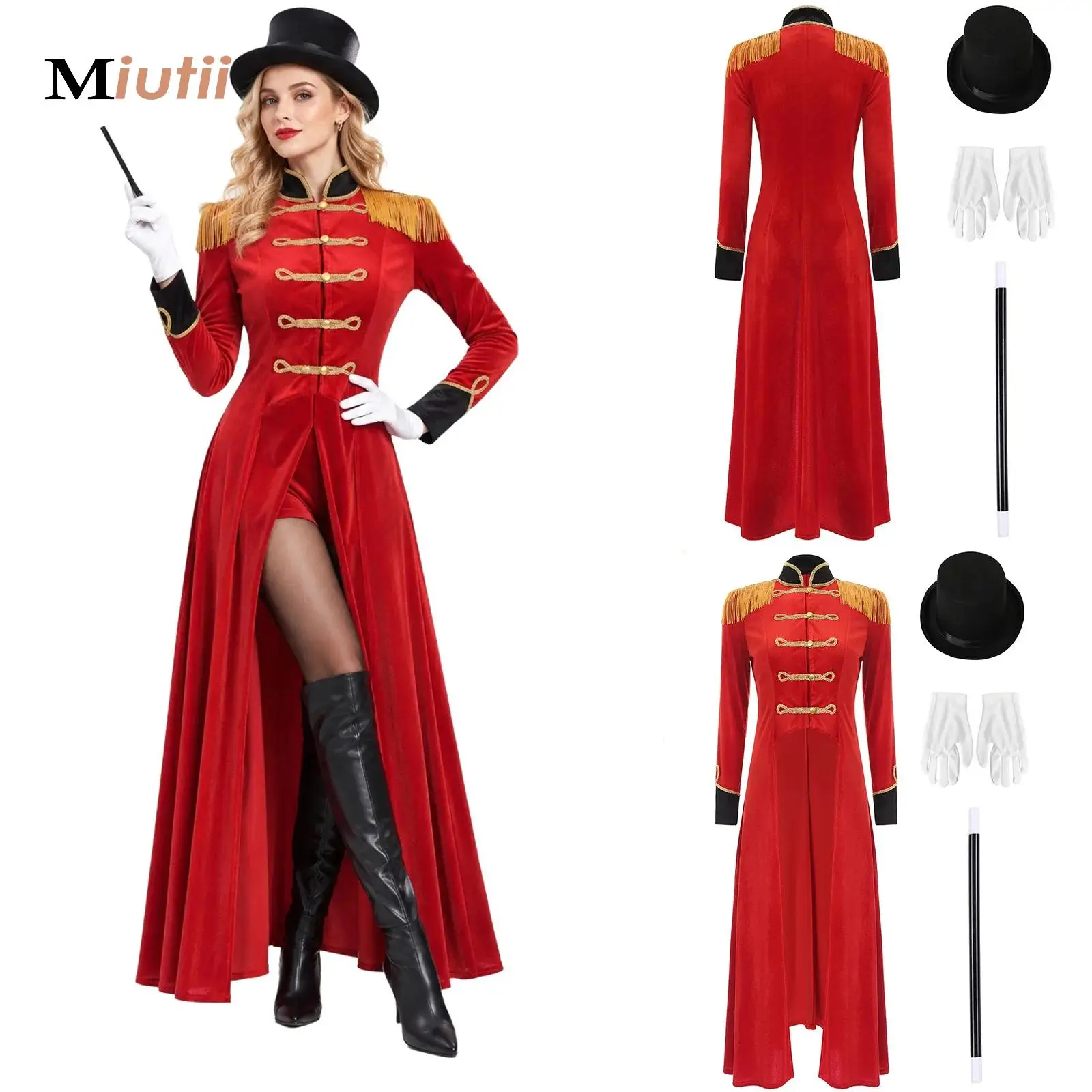 Disfraz de circo para mujer, con traje de majordomo, ideal para actuaciones, con abrigo de terciopelo y flecos, para Halloween, incluye abrigo, body, sombrero, varita y guantes.
