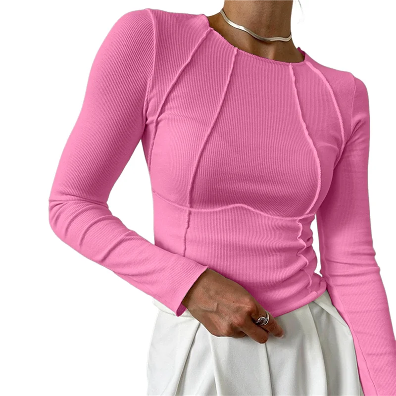 

AG-Women's Long Sleeve Shirts Slim Fit Crew Neck Fall Clothes Exposed Seams Ribbed Basic Tops