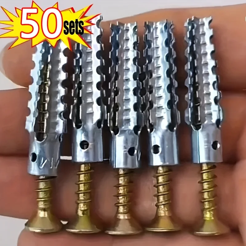 50 Sets Serrated Expansion Pipe Screw Set, Anti-Slip Metal Wall Plug with Self-Tapping Screws for Composite Brick