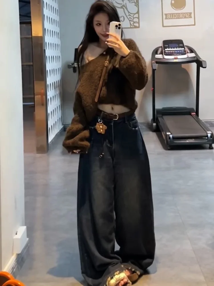 

American Sle Fce Lined Thi High Waist Straight Leg Jeans Women's Loose Drapey Wide Leg Floor Length Pants