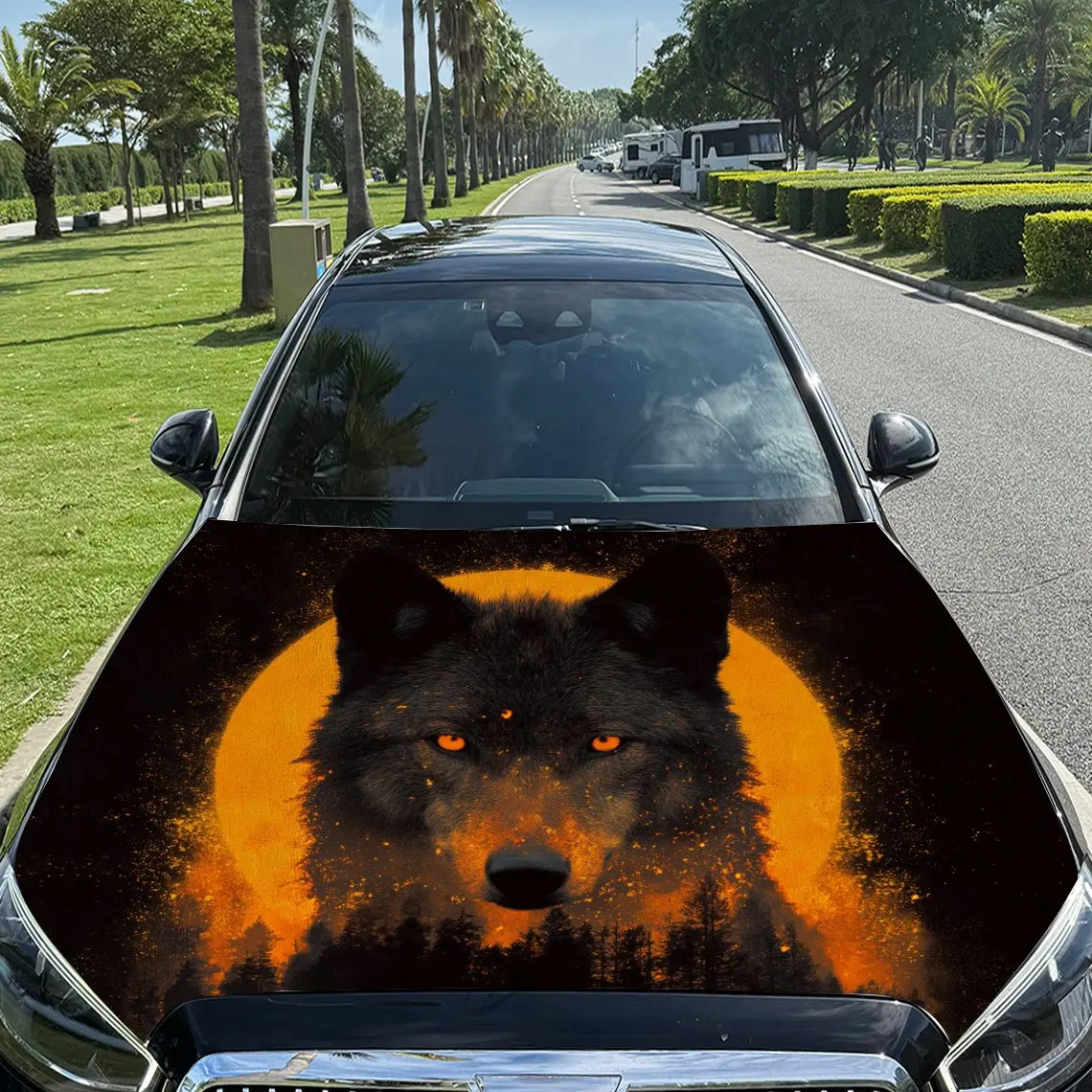 Orange - Eyed Black Wolf Amid Moonlight Car Vinyl Wrap, PVC Material Waterproof Car Hood Sticker, Self-Adhesive Scratch-Resistan